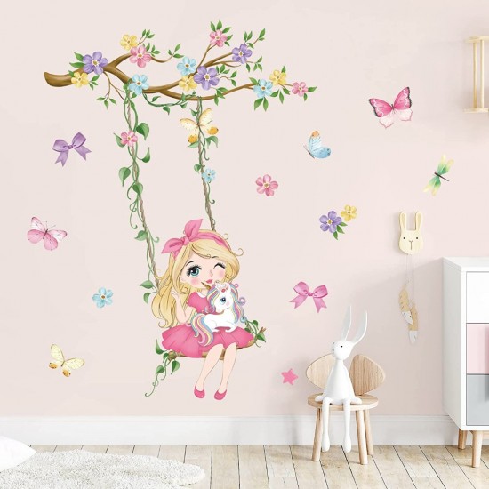 Sticker decorativ, Fetita cu leagan si unicorn, 90 cm, 1139STK