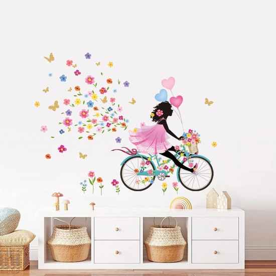 Sticker decorativ, Fata pe bicicleta cu fluturi, 90 cm, 1141STK-1