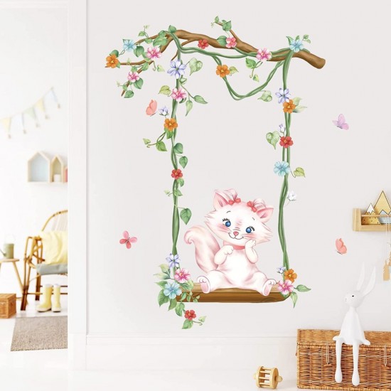 Sticker decorativ, Pisica pe leagan, 90 cm, 1143STK
