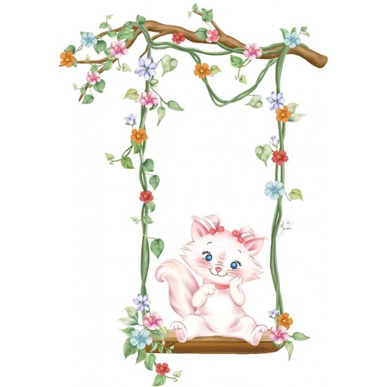 Sticker decorativ, Pisica pe leagan, 90 cm, 1143STK