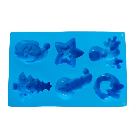 Forma silicon pentru prajituri, Tema Craciun, 6 cavitati, Albastru, 27 cm, 478COF