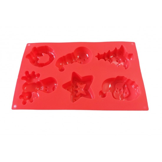 Forma silicon pentru prajituri, Tema Craciun, 6 cavitati, Rosu, 27 cm, 479COF