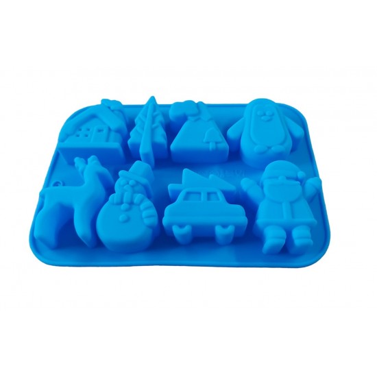 Forma silicon pentru prajituri, Tema Craciun, 8 cavitati, Albastru, 20 cm, 482COF