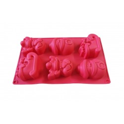 Forma silicon pentru prajituri, Tema Craciun, Trasura, Om de zapada, Ren, 6 cavitati, Rosu, 27 cm, 485COF