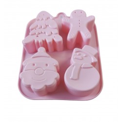Forma silicon pentru prajituri, Tema Craciun, Brad, Mos Crciun, Om de turta dulce, Om de zapada, 4 cavitati, Roz, 20 cm, 487COF