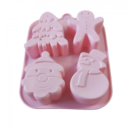 Forma silicon pentru prajituri, Tema Craciun, Brad, Mos Crciun, Om de turta dulce, Om de zapada, 4 cavitati, Roz, 20 cm, 487COF