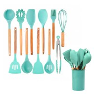 Set ustensile bucatarie 12 piese din Silicon cu lemn, Turcoaz, 30 cm, 500COF