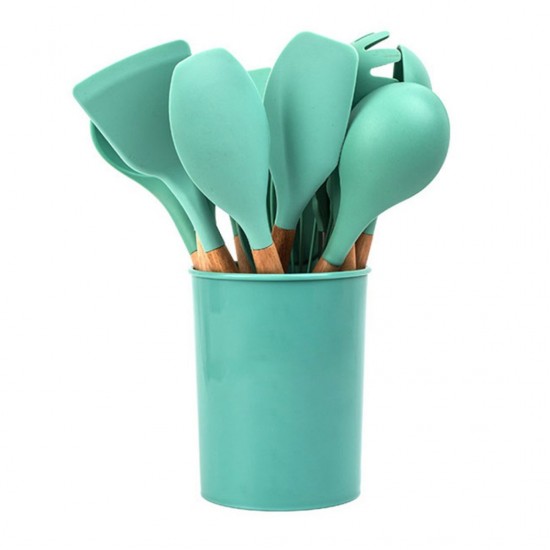 Set ustensile bucatarie 12 piese din Silicon cu lemn, Turcoaz, 30 cm, 500COF