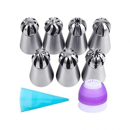 Set 10 piese, 7 Duiuri de Ornament pentru Torturi si Prajituri, 1 pos silicon. 1 adaptor, 100 de posuri, 562COF