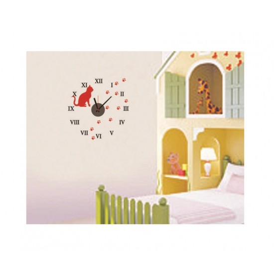Ceas decorativ de perete, Pisica, Ceas cu Autocolant, 47 cm, CD826