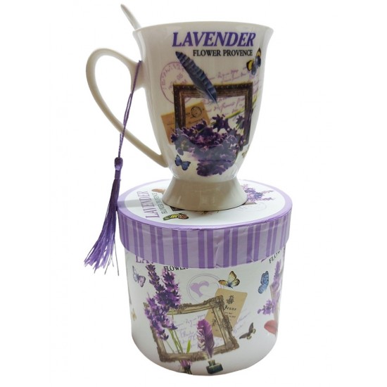 Cana din ceramica cu lingurita, Model cu lavanda, Mov, DO116G