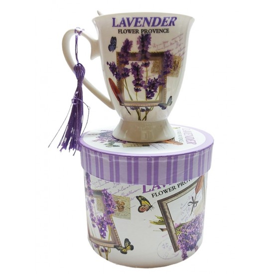 Cana din ceramica cu lingurita, Model cu lavanda, Mov, DO116G-A