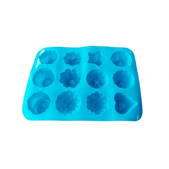 Forma silicon 12 cavitati, Pentru prajituri, Albastru, 32 cm, 229COF