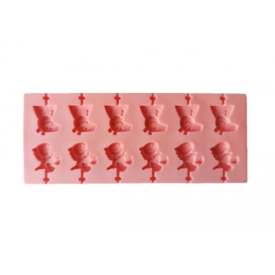 Forma silicon 12 cavitati, Peppa Pig si Dinosaur, Acadele din ciocolata sau Acadele din zahar, Roz, 26 cm, 246COF