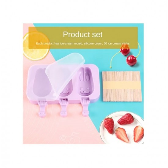 Forma silicon pentru inghetata, Iepure 3 cavitati cu capac din silicon, Mov, 19 cm, CooKstyle, 410COF