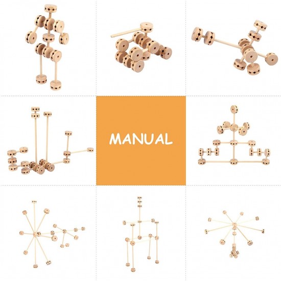 Jucarie de indemanare, Set constructii din lemn natural, 60 piese, SL1500