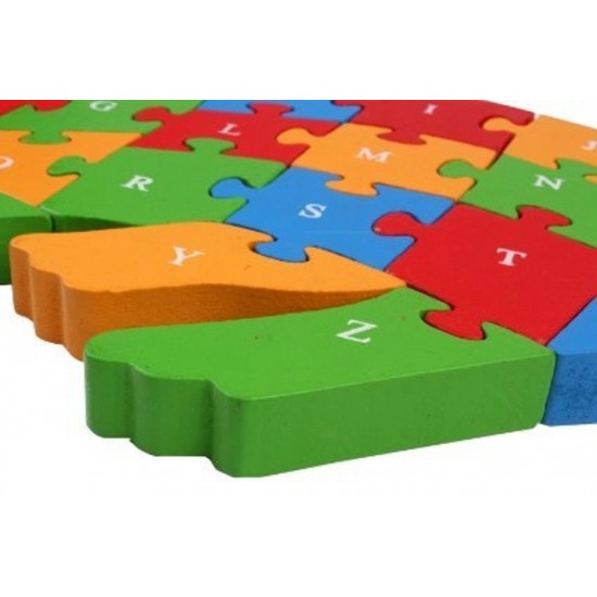 Puzzle 3D din lemn pentru copii cu Alfabet si Cifre, Vacuta, 26 piese, 26 cm, 18005SX