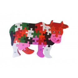 Puzzle 3D din lemn pentru copii cu Alfabet si Cifre, Vacuta, 26 piese, 26 cm, 18005SX