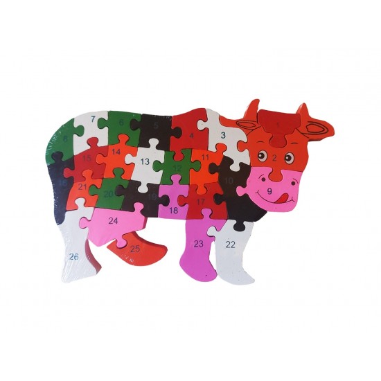 Puzzle 3D din lemn pentru copii cu Alfabet si Cifre, Vacuta, 26 piese, 26 cm, 18005SX