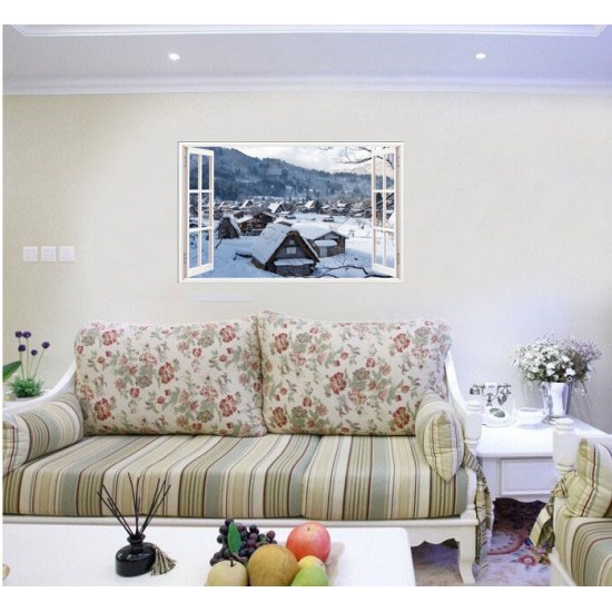 Sticker decorativ, Fereastra 3D, Iarna, 85 cm, 684STK