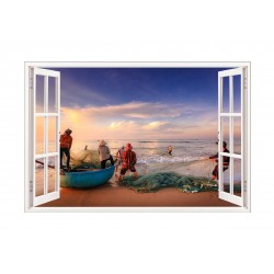 Sticker decorativ, Fereastra 3D, Pescari, Vietnam, 85 cm, 587STK