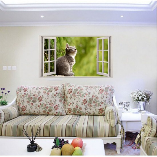 Sticker decorativ, Fereastra 3D, Pisica, 85 cm, 500STK