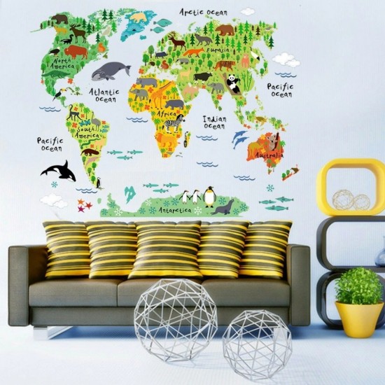Sticker decorativ, Harta lumii a animalelor, 140 cm, 750STK