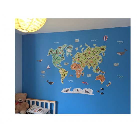 Sticker decorativ, Harta lumii a animalelor, 140 cm, 750STK