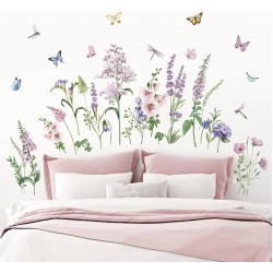 Sticker decorativ cu Flori mov cu fluturi, 120 cm, 1133STK