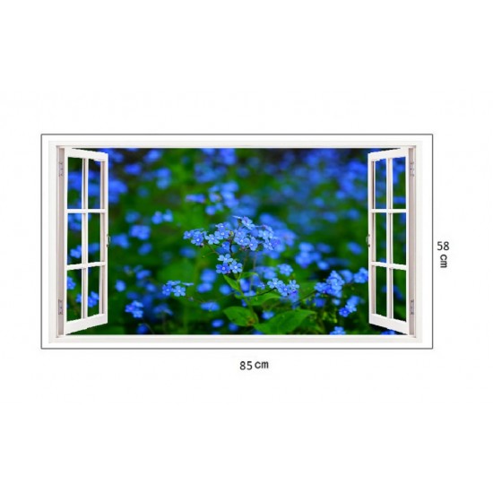 Sticker decorativ, Fereastra 3D, Flori albastre, 85 cm, 245STK
