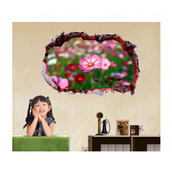 Sticker decorativ, Gaura in perete 3D, Flori, 85 cm, 333STK-1
