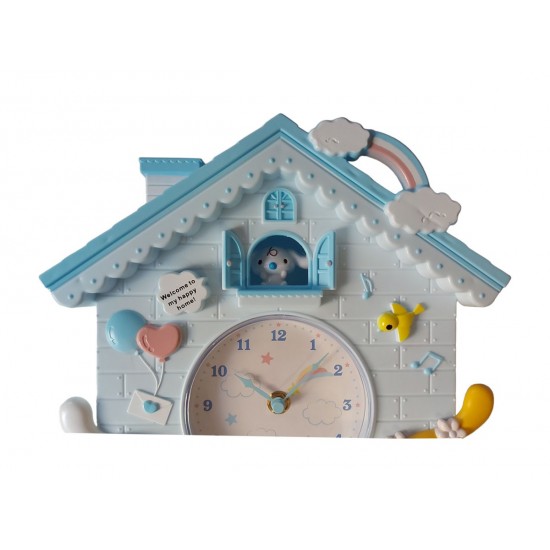 Ceas de perete cu pendul  in forma de Casuta pentru copii, Albastru, 30 cm, MHT620