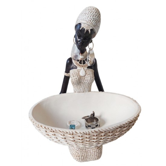Ornament decorativ, Africana cu suport pentru bijuterii, Alb, 24 cm, 222301S