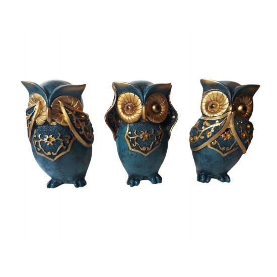 Statueta decorativa,Bufnite, Nu vad, Nu aud, Nu vorbesc, Albastru, 15 cm, 575KA