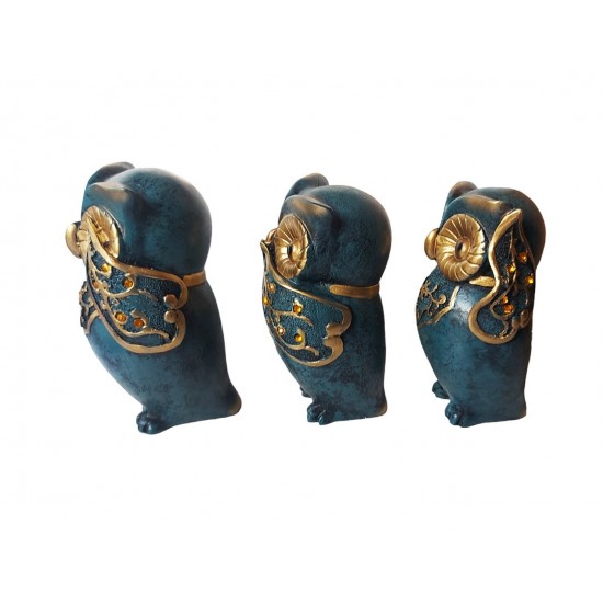 Statueta decorativa,Bufnite, Nu vad, Nu aud, Nu vorbesc, Albastru, 15 cm, 575KA