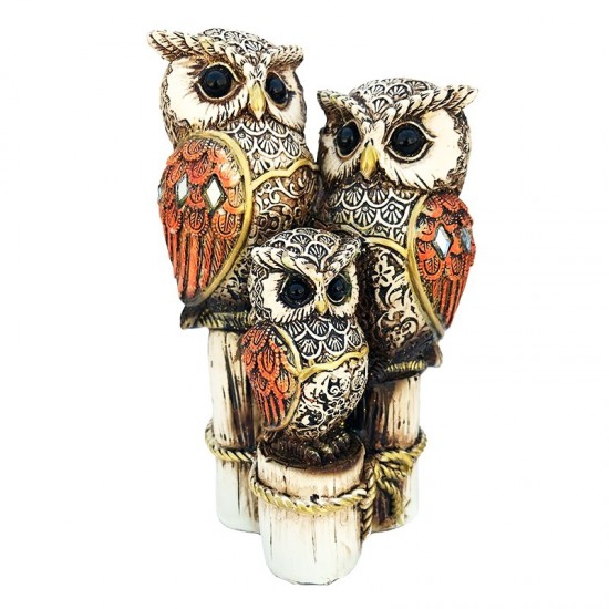 Statueta decorativa, Familie de bufnite asezate pe trunchi de copac, 15 cm, 203H