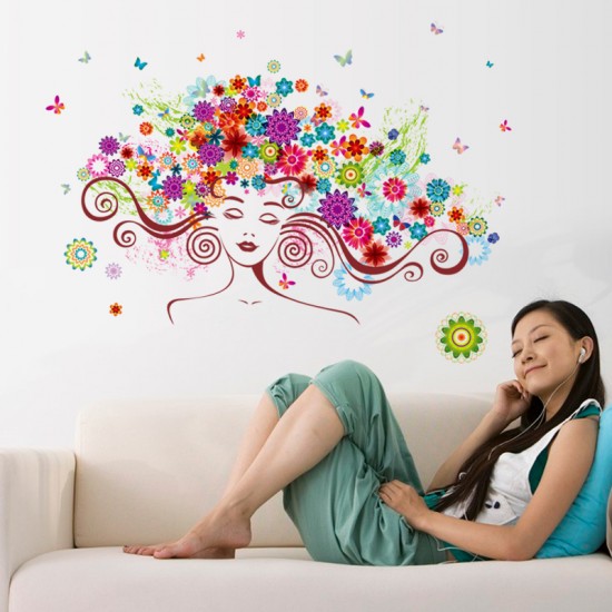 Sticker decorativ, Girl butterfly flowers 85 cm, 152STK