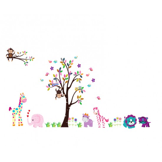 Sticker decorativ, copacel cu animalute 180 cm, 57STK