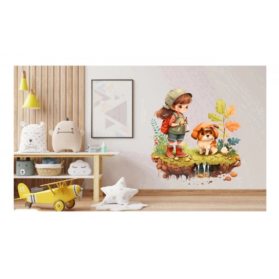 Sticker decorativ, Fetita si Catelul, Multicolor, 64 cm, 1294STK