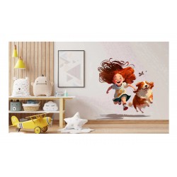 Sticker decorativ, Fetita si Catelul, Portocaliu, 65 cm, 1294STK-1