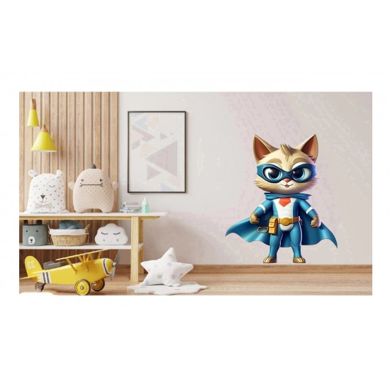 Sticker decorativ, Pisica Supererou, Turcoaz, 75 cm, 1318STK-2