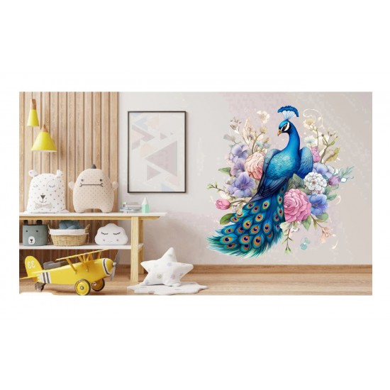 Sticker decorativ, Paun, Albastru, 62 cm, 1345STK-5 Sticker decorativ, Paun, Albastru, 62 cm, 1345STK-5