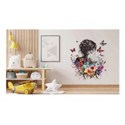 Sticker decorativ, Fata, Fluturi si Flori, Multicolor, 70 cm, 1208STK-2