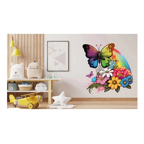 Sticker decorativ, Fluture, Curcubeu si Flori, Multicolor, 68 cm, 1210STK-2