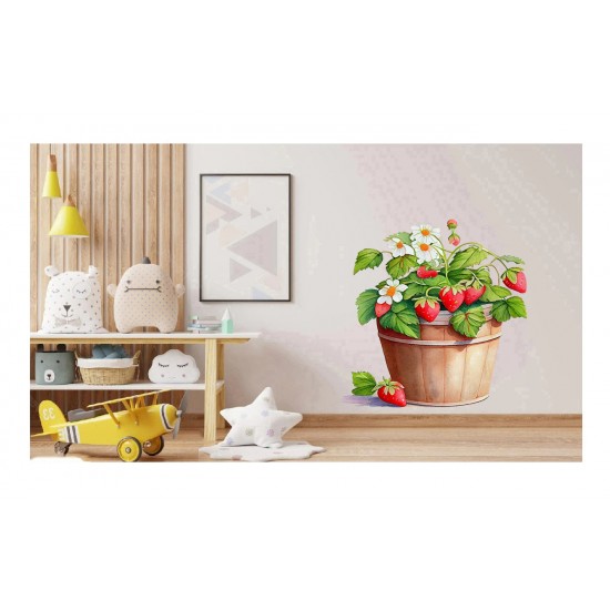 Sticker decorativ, Ghiveci cu Capsuni, Rosu, 72 cm, 1261STK-9